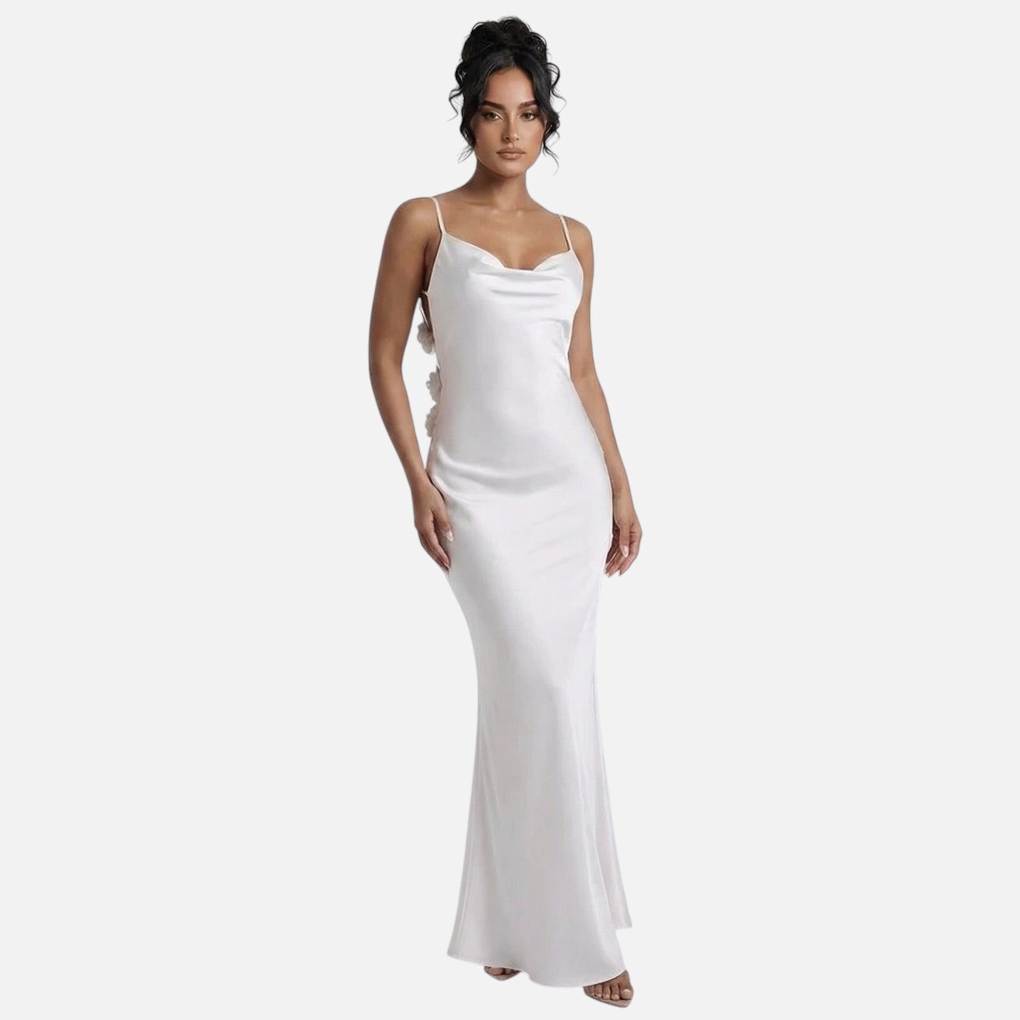 Vellouran | Women's Maxi Dress with Draped Neckline and Floral Backstraps