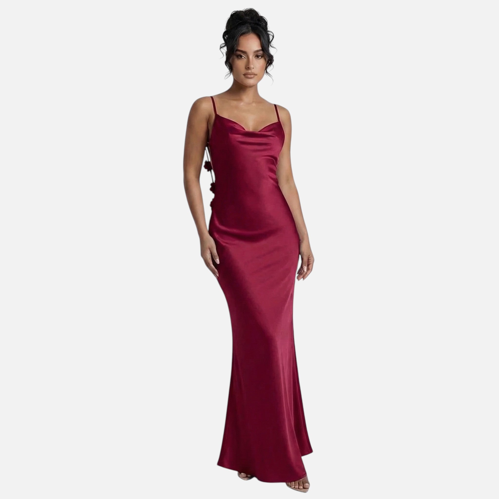 Vellouran | Women's Maxi Dress with Draped Neckline and Floral Backstraps