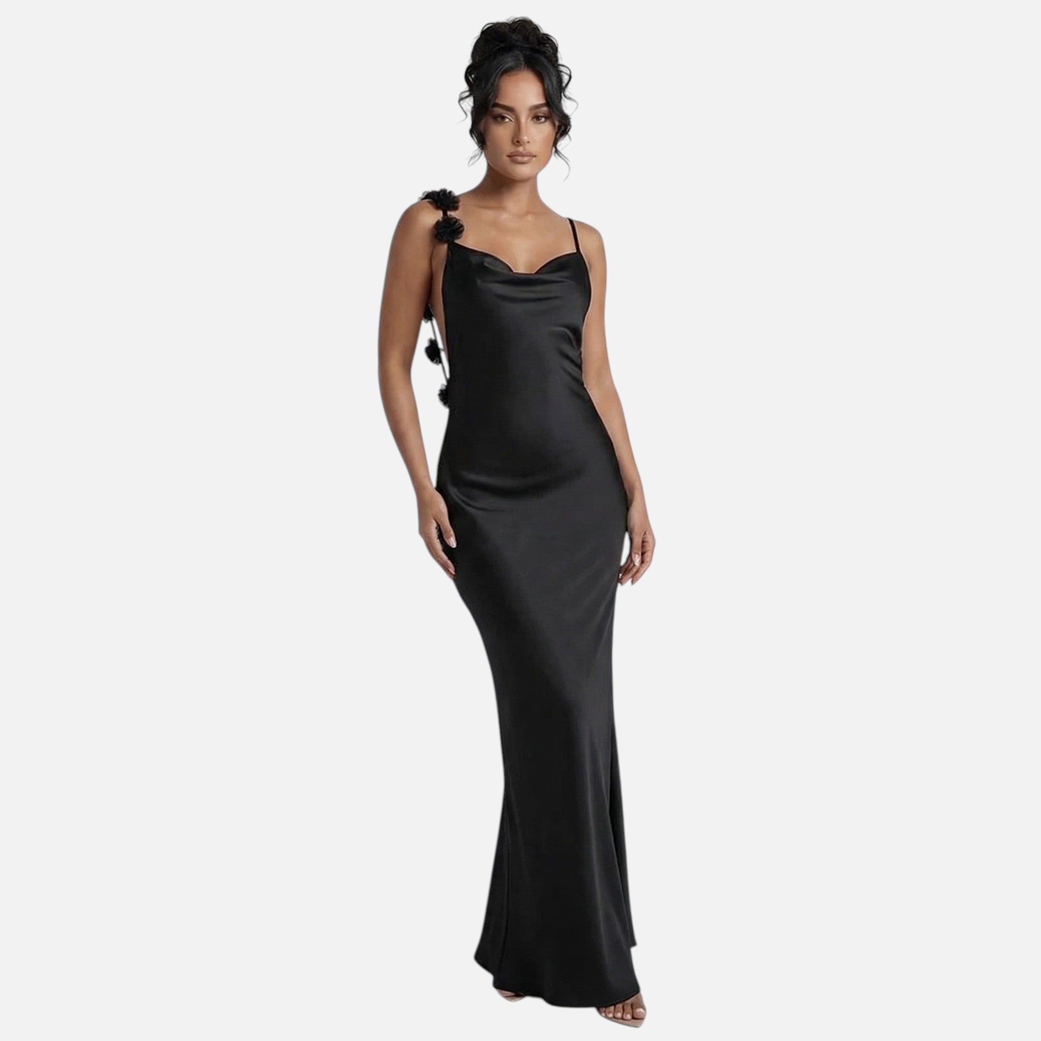 Vellouran | Women's Maxi Dress with Draped Neckline and Floral Backstraps