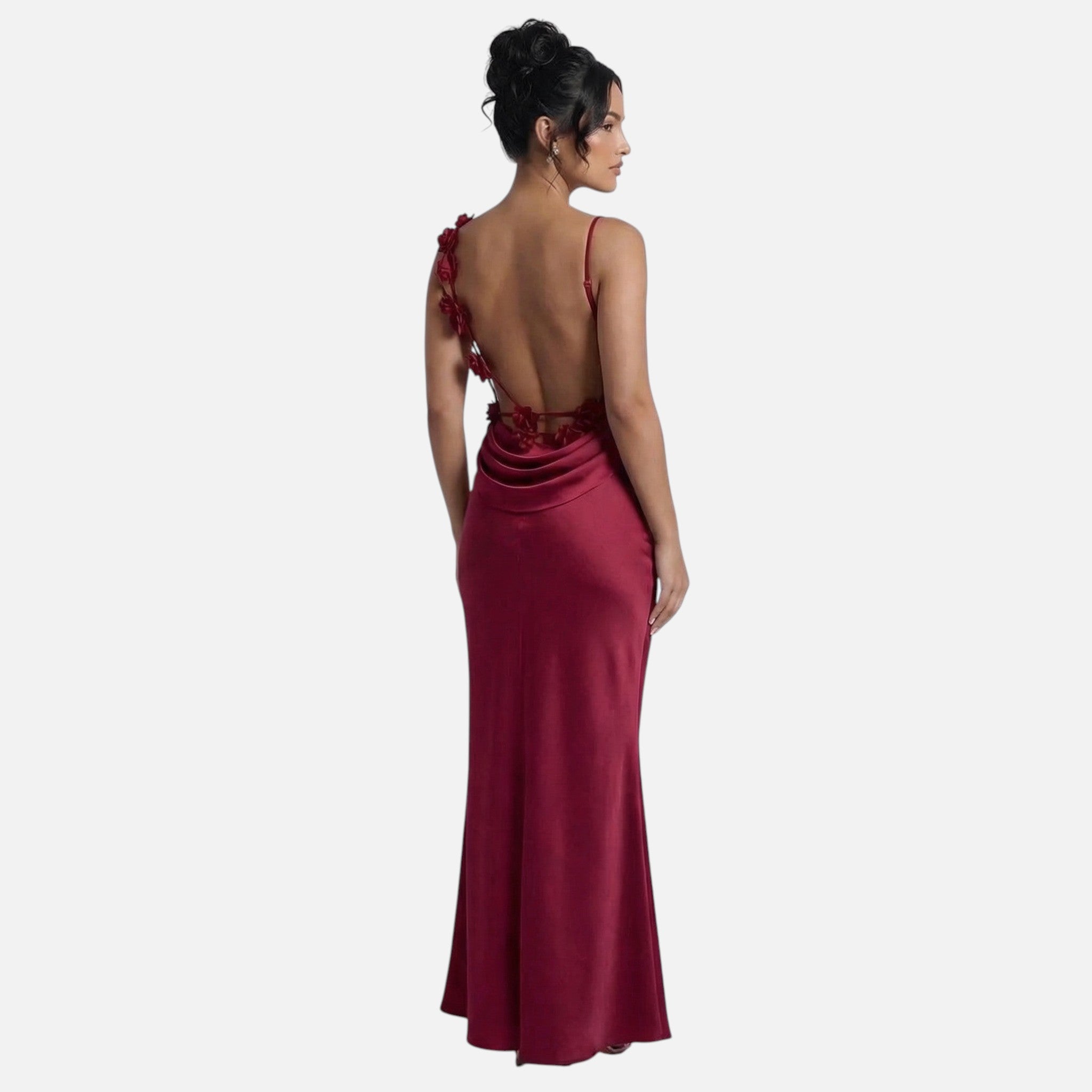 Vellouran | Women's Maxi Dress with Draped Neckline and Floral Backstraps