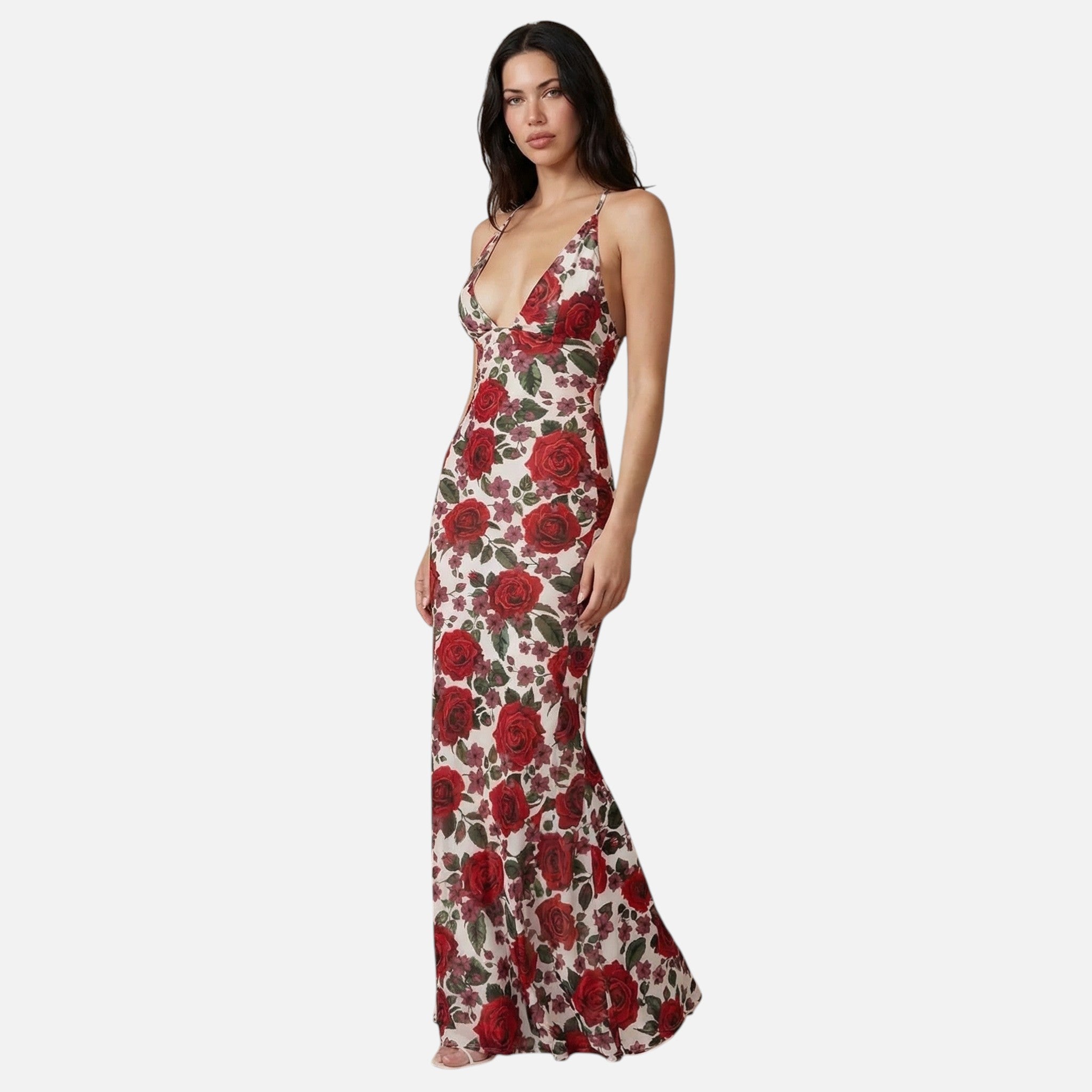 Vellouran | Women's Floral Maxi Dress with Open Back and Spaghetti Straps