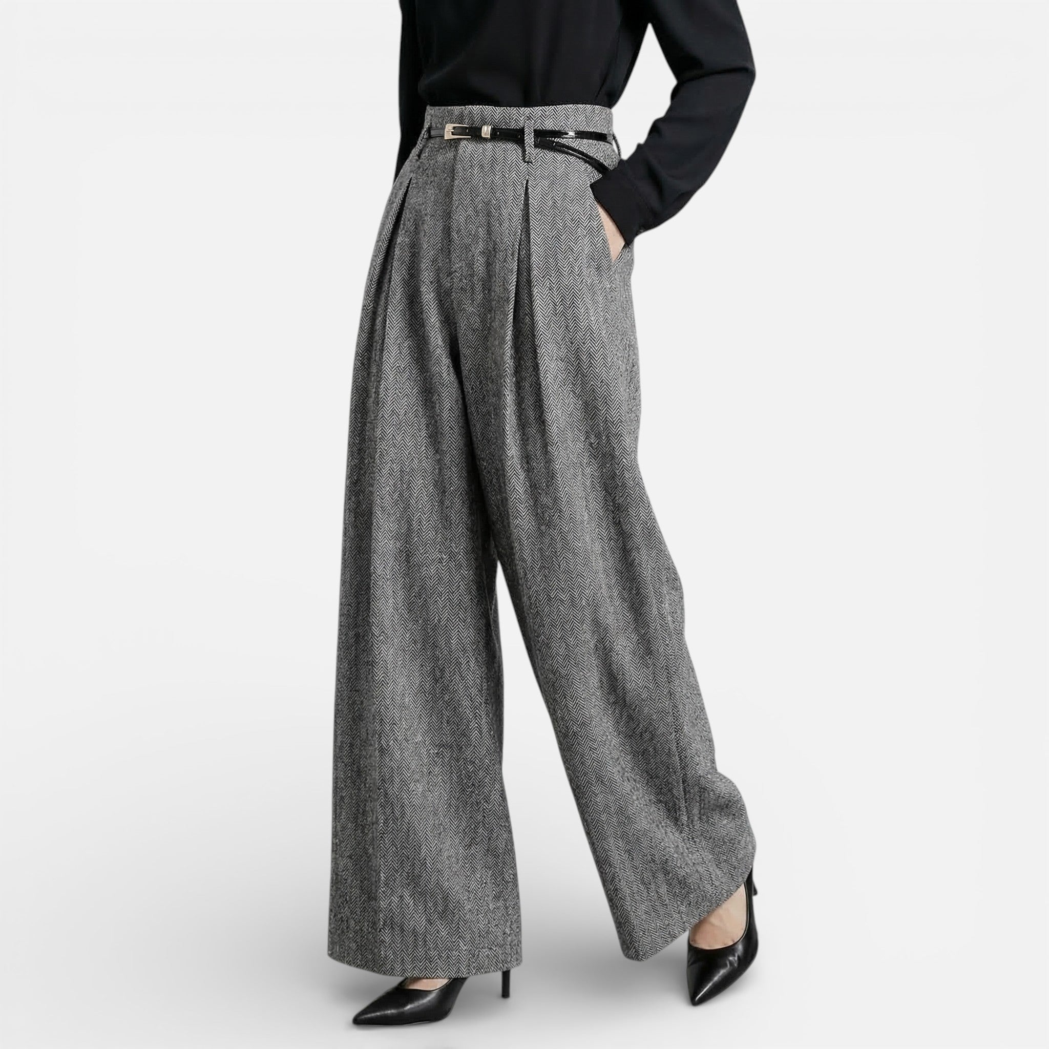Vellouran | Women's High-Waist Tweed Wide-Leg Pleated Pants