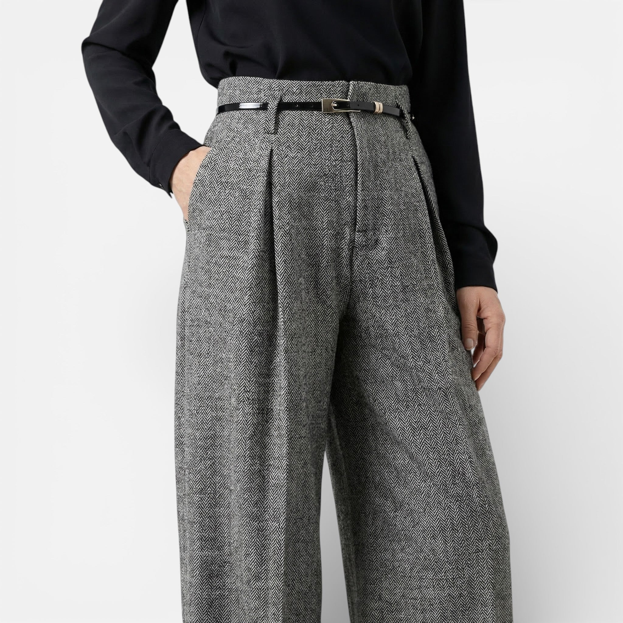 Vellouran | Women's High-Waist Tweed Wide-Leg Pleated Pants
