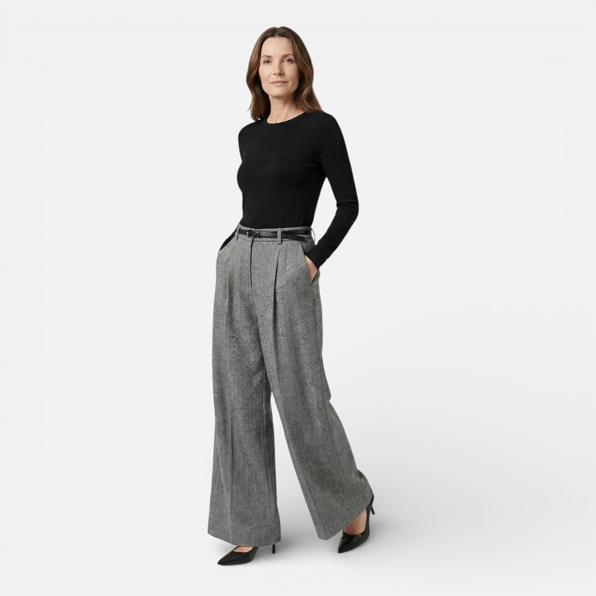 Vellouran | Women's High-Waist Tweed Wide-Leg Pleated Pants