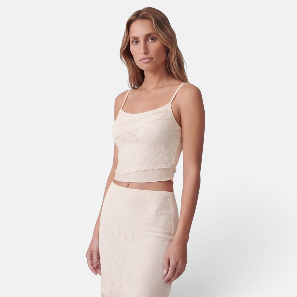 Vellouran | Women's Lace Two-Piece Set - Crop Top and Asymetrical Maxi Skirt
