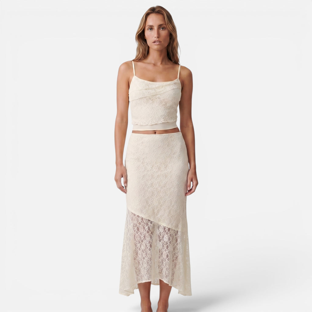 Vellouran | Women's Lace Two-Piece Set - Crop Top and Asymetrical Maxi Skirt