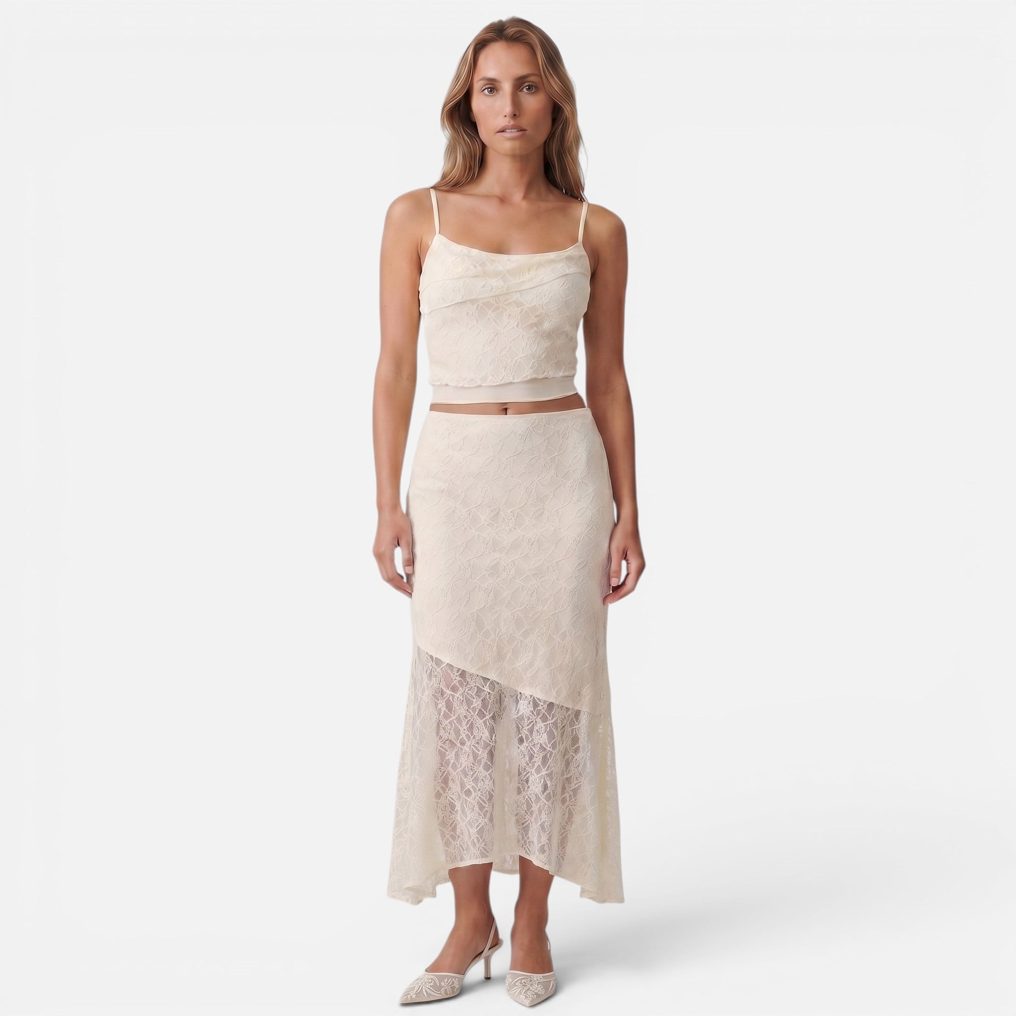 Vellouran | Women's Lace Two-Piece Set - Crop Top and Asymetrical Maxi Skirt