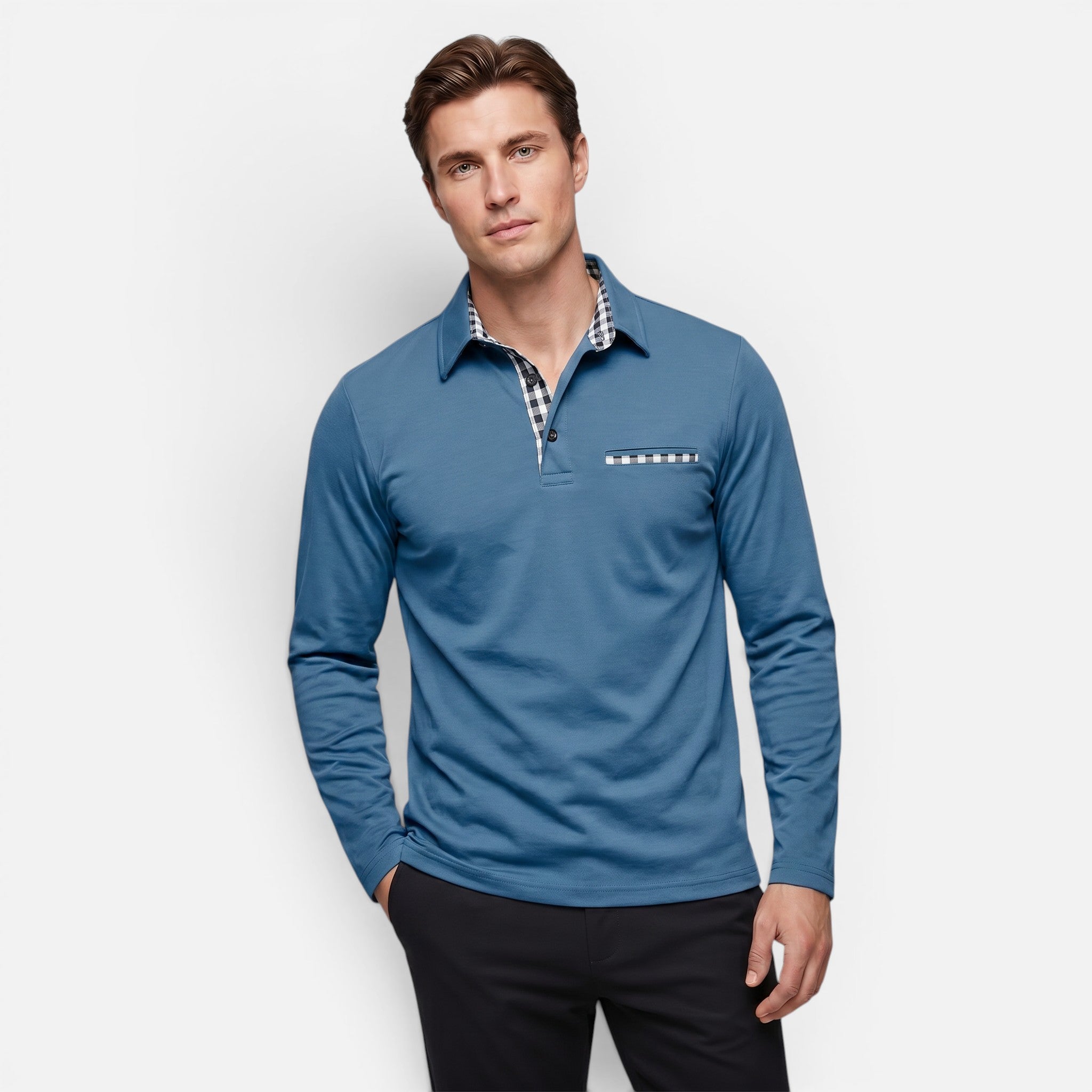 Vellouran | Men's Polo Long Sleeve Checkered Collar Pocket Detail