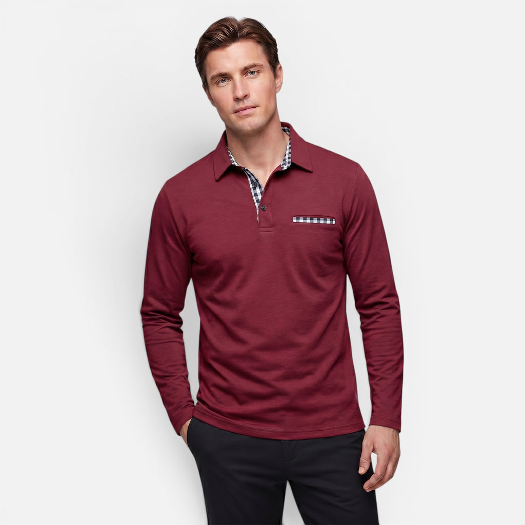 Vellouran | Men's Polo Long Sleeve Checkered Collar Pocket Detail