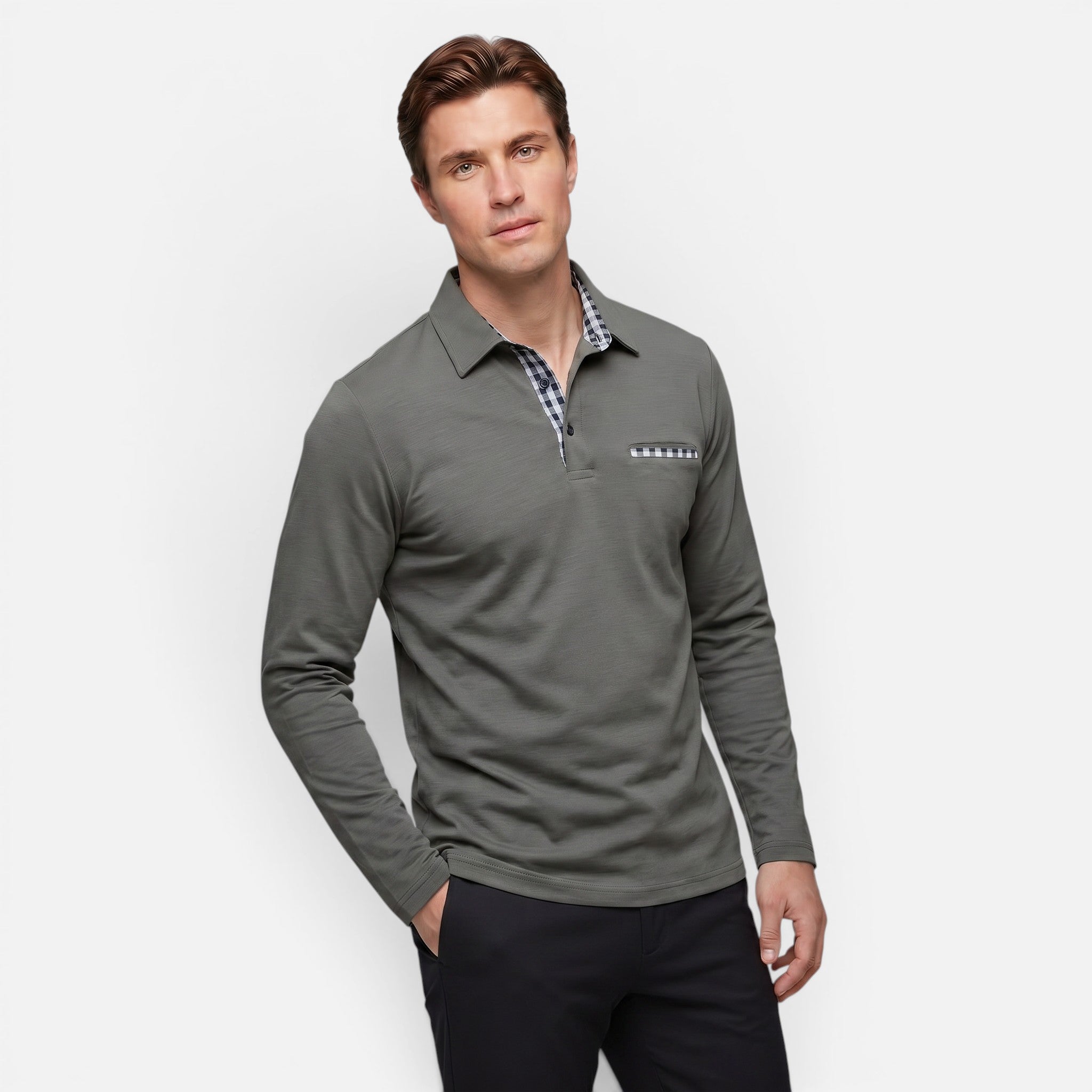 Vellouran | Men's Polo Long Sleeve Checkered Collar Pocket Detail