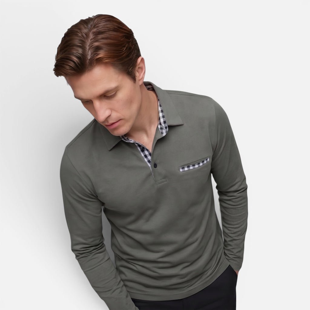 Vellouran | Men's Polo Long Sleeve Checkered Collar Pocket Detail