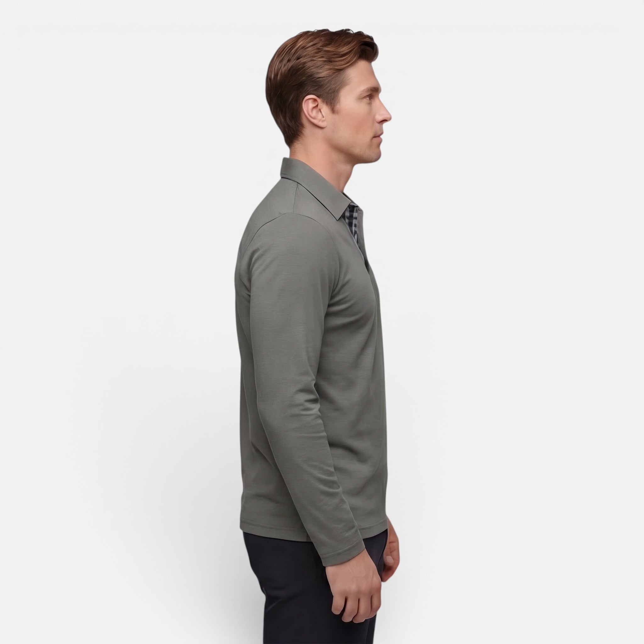 Vellouran | Men's Polo Long Sleeve Checkered Collar Pocket Detail