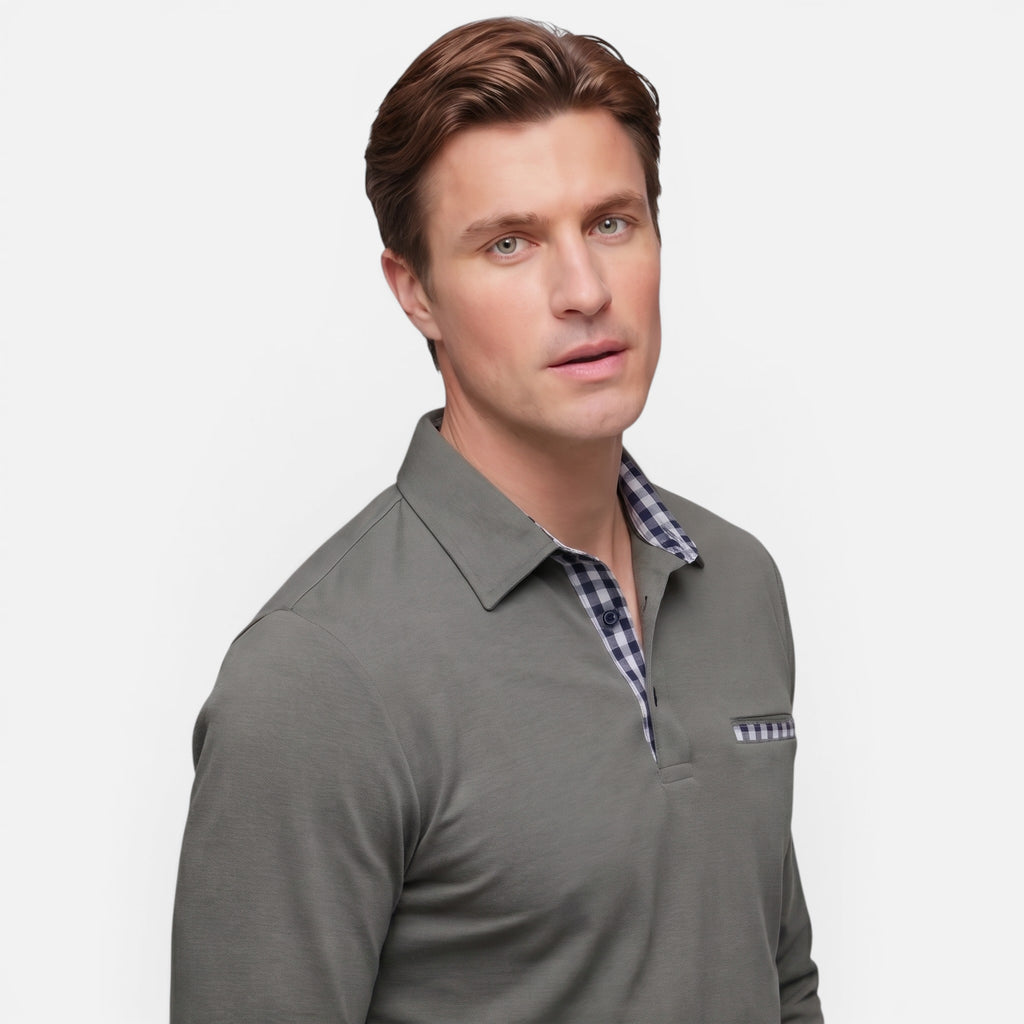 Vellouran | Men's Polo Long Sleeve Checkered Collar Pocket Detail