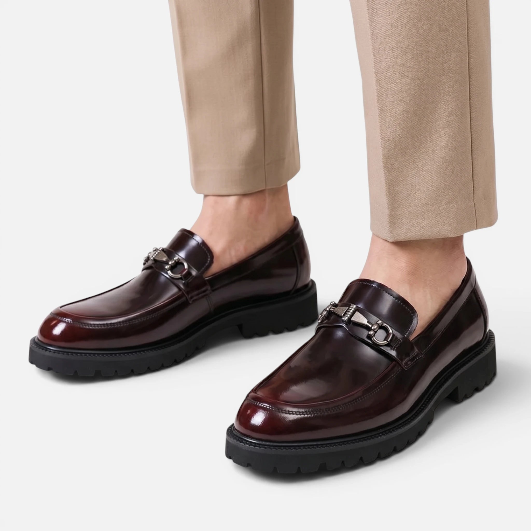 Vellouran | Men's Polished Leather Look Loafers with Metallic Buckle