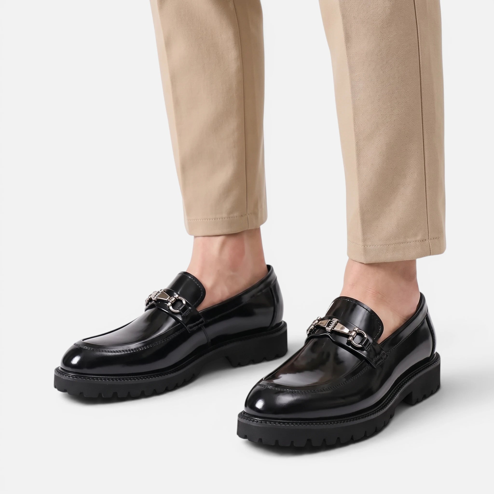 Vellouran | Men's Polished Leather Look Loafers with Metallic Buckle