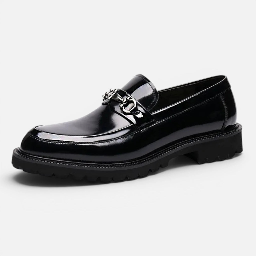 Vellouran | Men's Polished Leather Look Loafers with Metallic Buckle