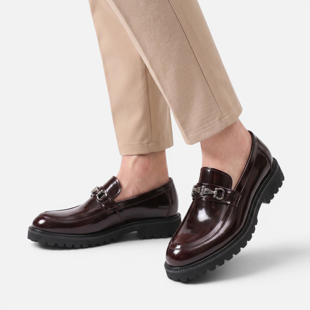Vellouran | Men's Polished Leather Look Loafers with Metallic Buckle