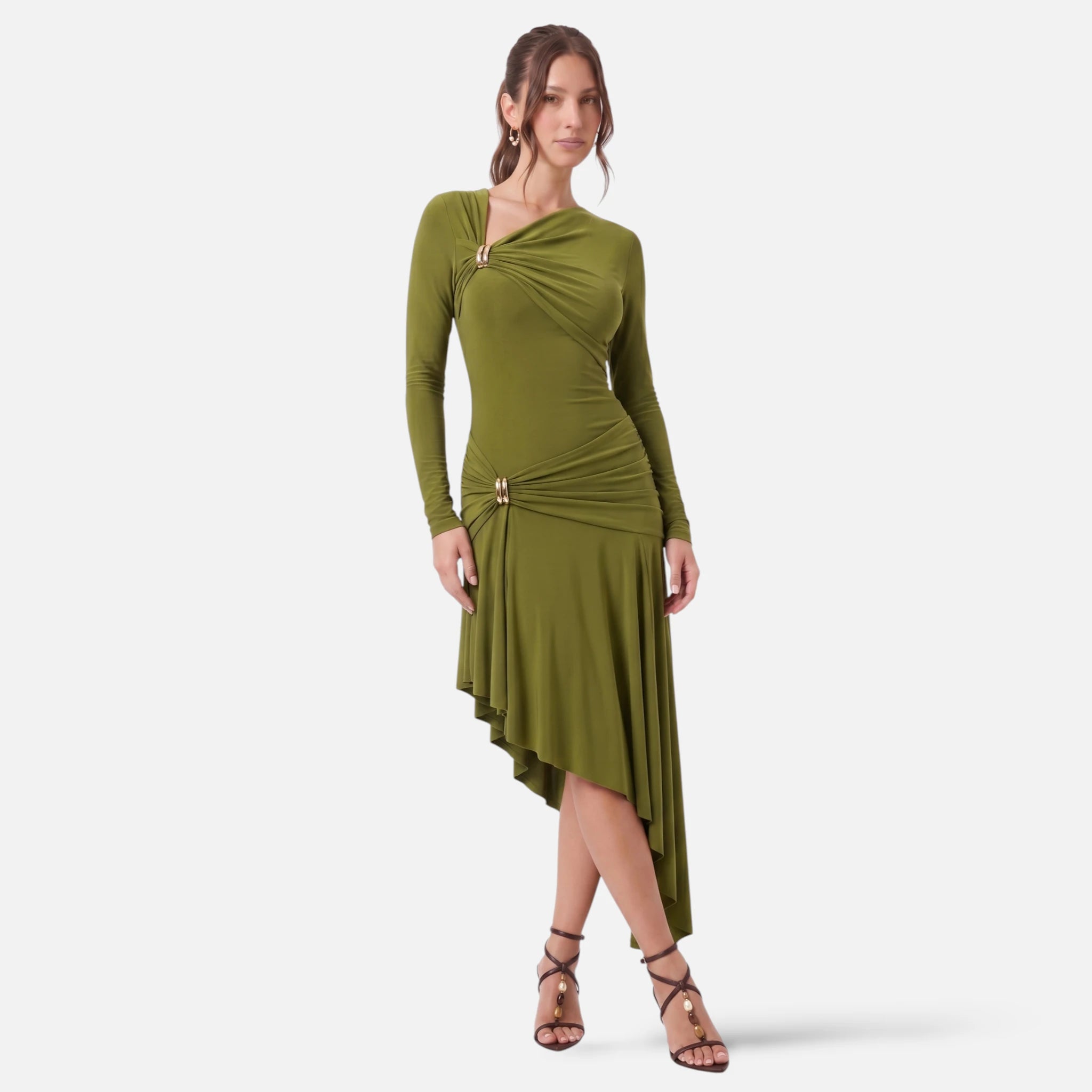 Vellouran | Women's Asymmetric Neck-Embellished Midi Dress