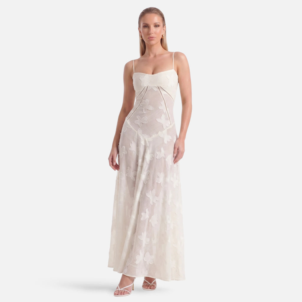 Vellouran | Women's Corset Maxi Dress with Lace-Up Back - Floral Jacquard Evening Dress with Spaghetti Straps