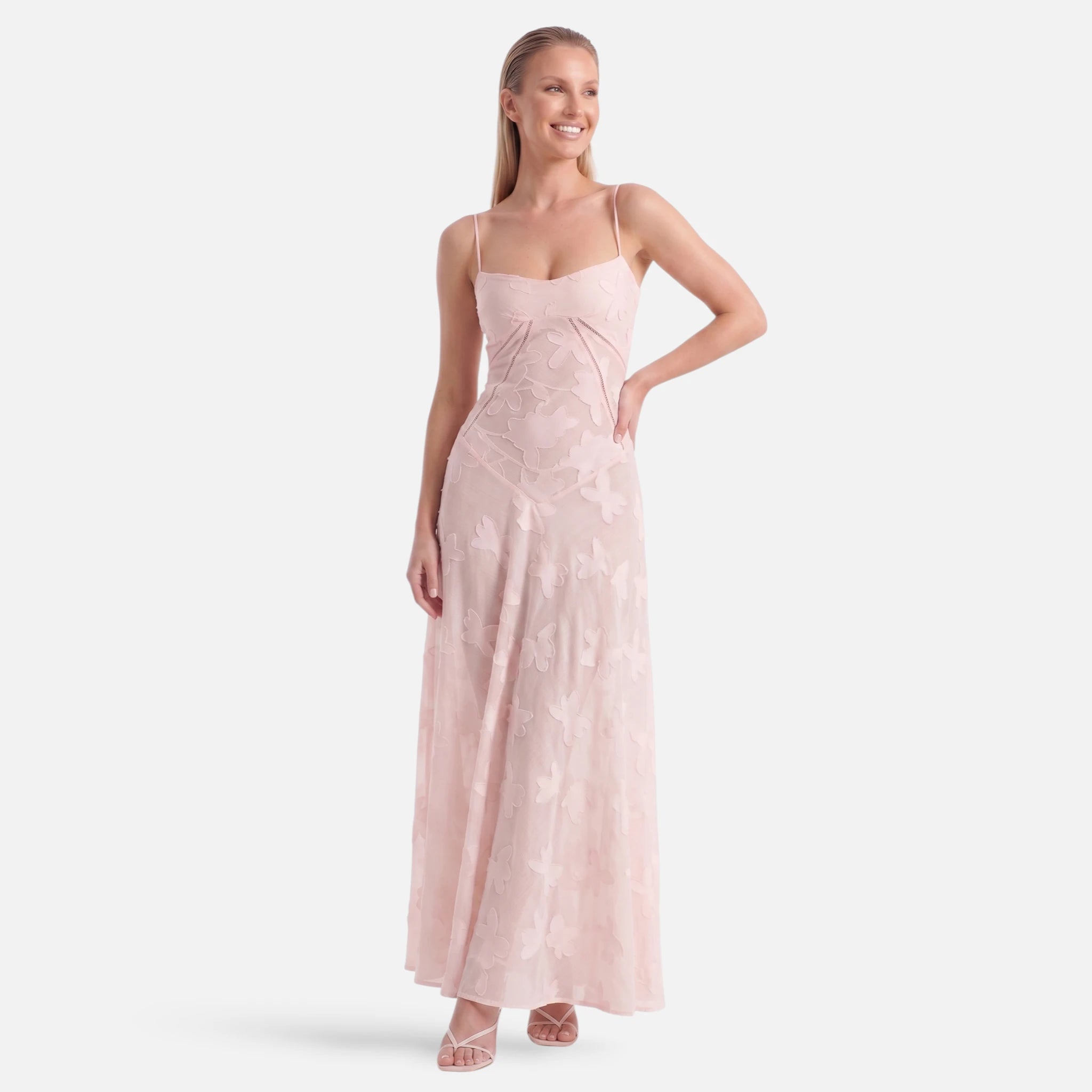 Vellouran | Women's Corset Maxi Dress with Lace-Up Back - Floral Jacquard Evening Dress with Spaghetti Straps