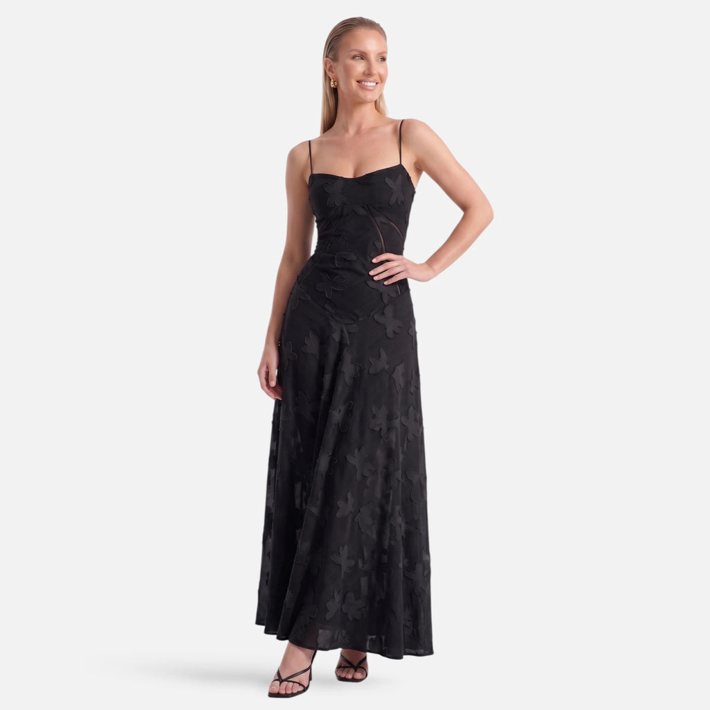 Vellouran | Women's Corset Maxi Dress with Lace-Up Back - Floral Jacquard Evening Dress with Spaghetti Straps