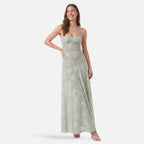 Vellouran | Women's Corset Maxi Dress with Lace-Up Back - Floral Jacquard Evening Dress with Spaghetti Straps