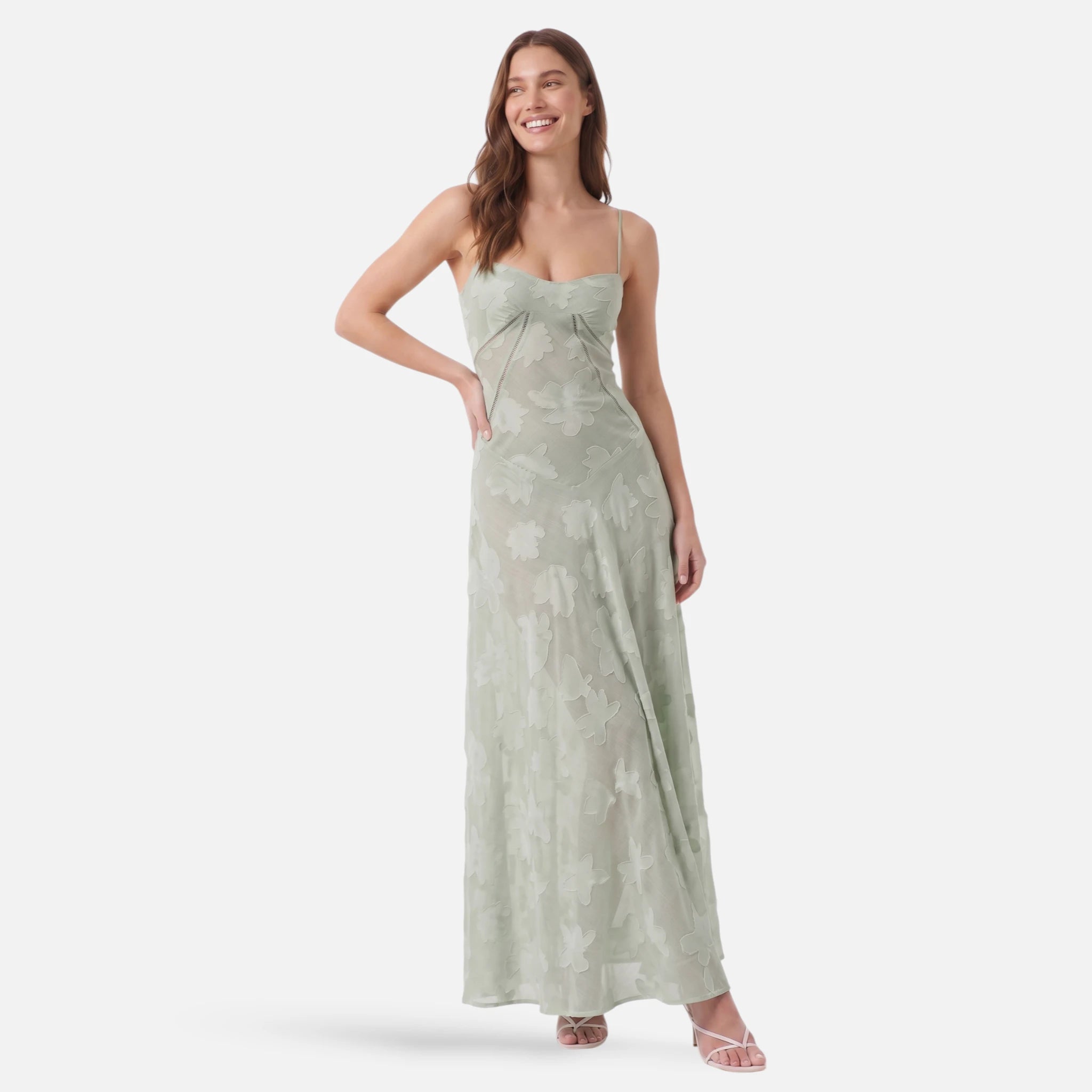 Vellouran | Women's Corset Maxi Dress with Lace-Up Back - Floral Jacquard Evening Dress with Spaghetti Straps