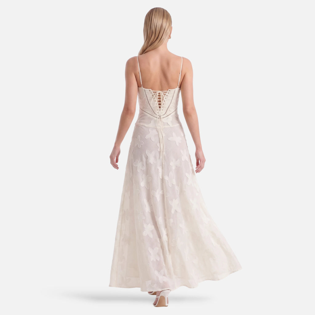 Vellouran | Women's Corset Maxi Dress with Lace-Up Back - Floral Jacquard Evening Dress with Spaghetti Straps