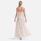 Vellouran | Women's Corset Maxi Dress with Lace-Up Back - Floral Jacquard Evening Dress with Spaghetti Straps