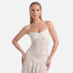 Vellouran | Women's Corset Maxi Dress with Lace-Up Back - Floral Jacquard Evening Dress with Spaghetti Straps