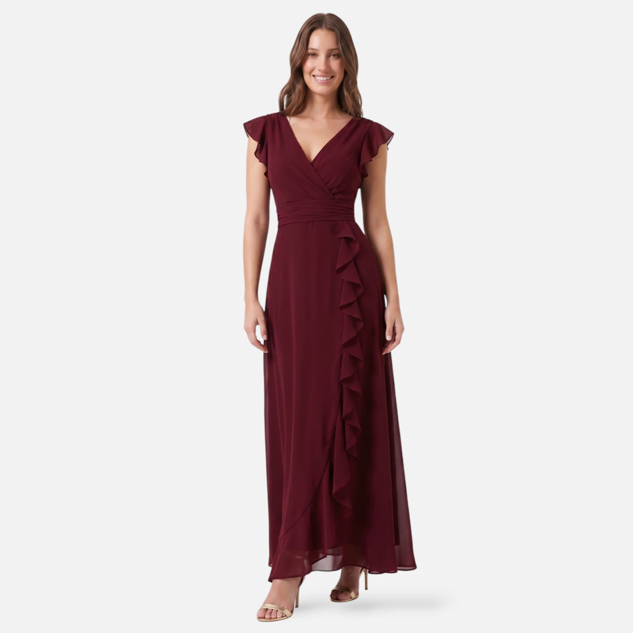 Vellouran | Women's Maxi Dress - Ruffle Trim and V Neckline