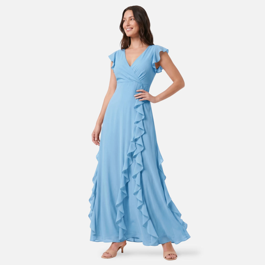 Vellouran | Women's Maxi Dress - Ruffle Trim and V Neckline