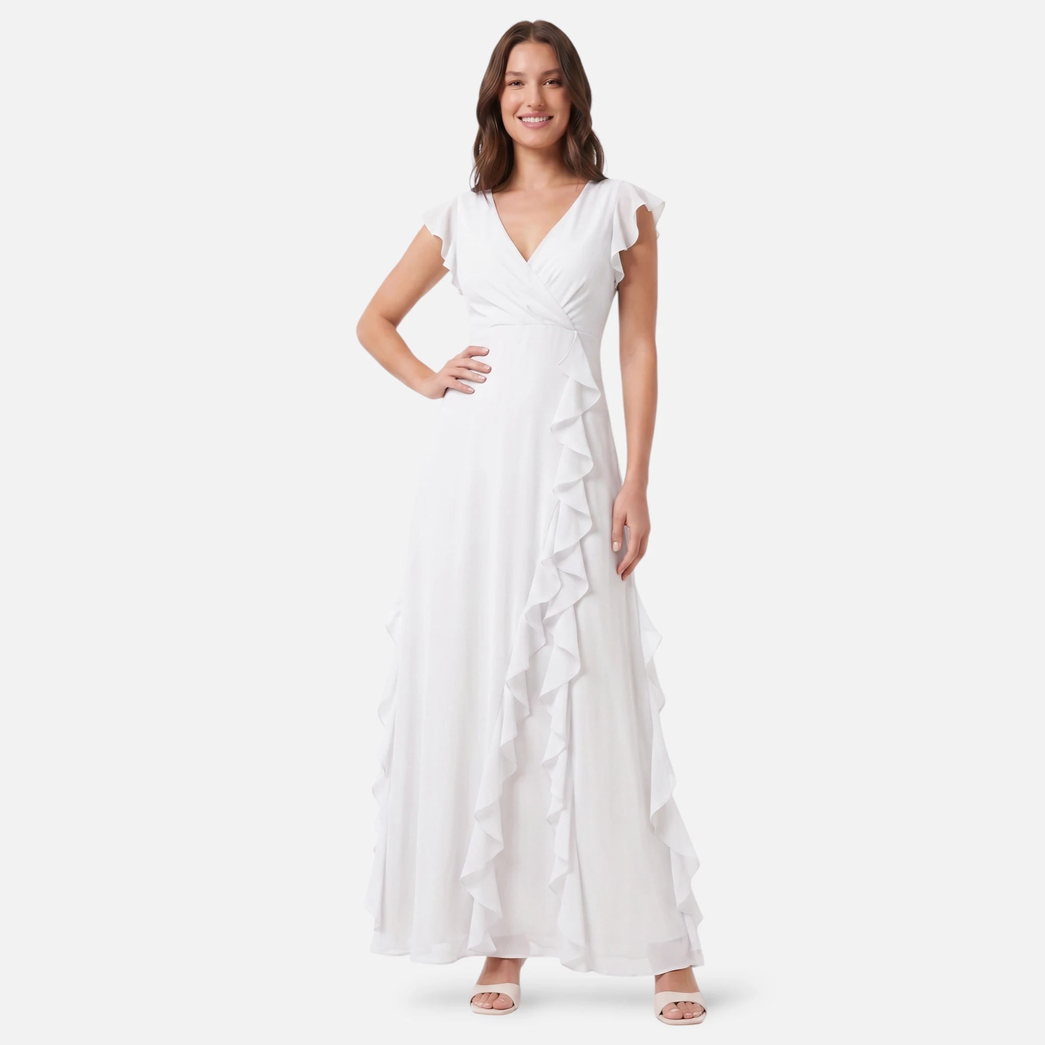 Vellouran | Women's Maxi Dress - Ruffle Trim and V Neckline