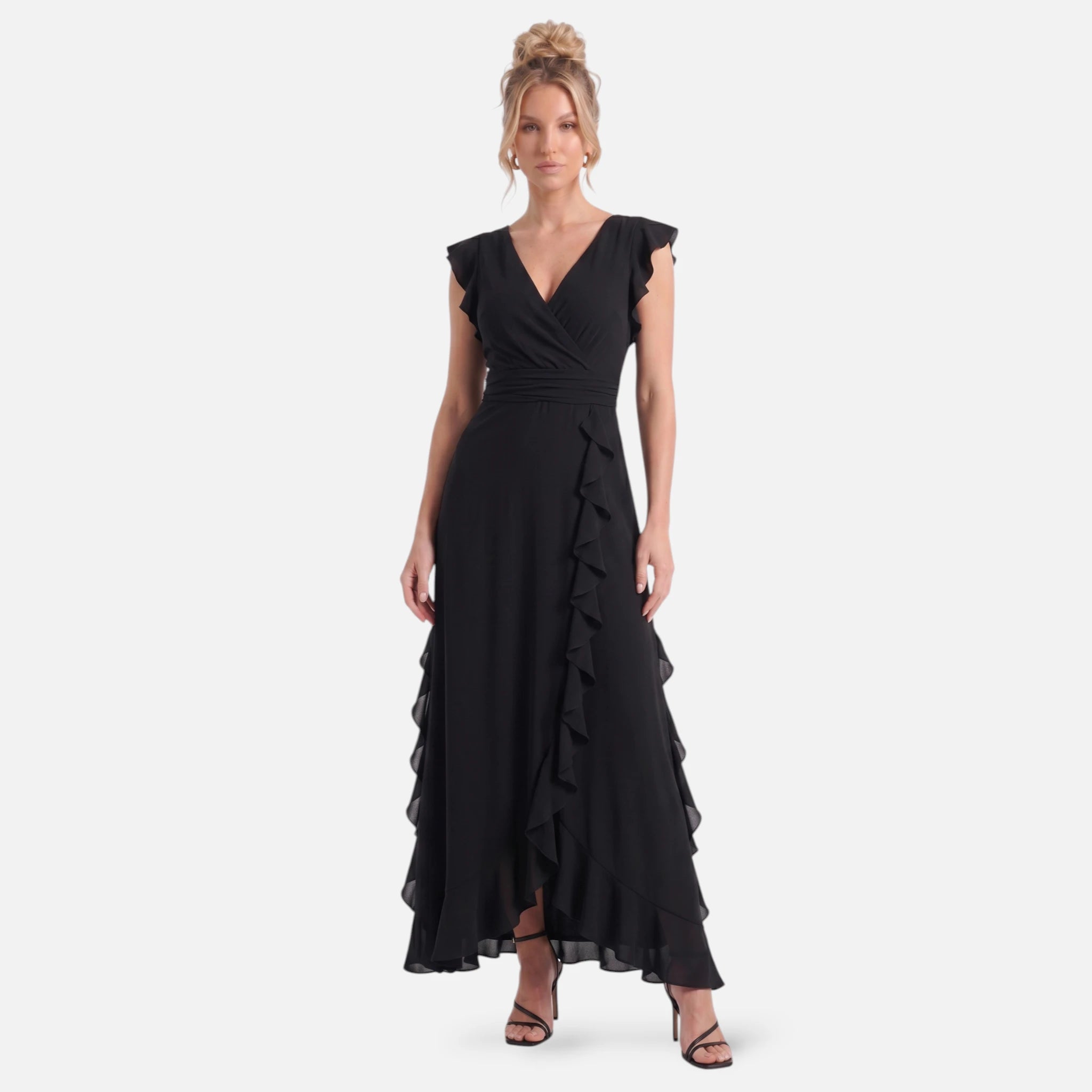 Vellouran | Women's Maxi Dress - Ruffle Trim and V Neckline
