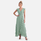 Vellouran | Women's Maxi Dress - Ruffle Trim and V Neckline