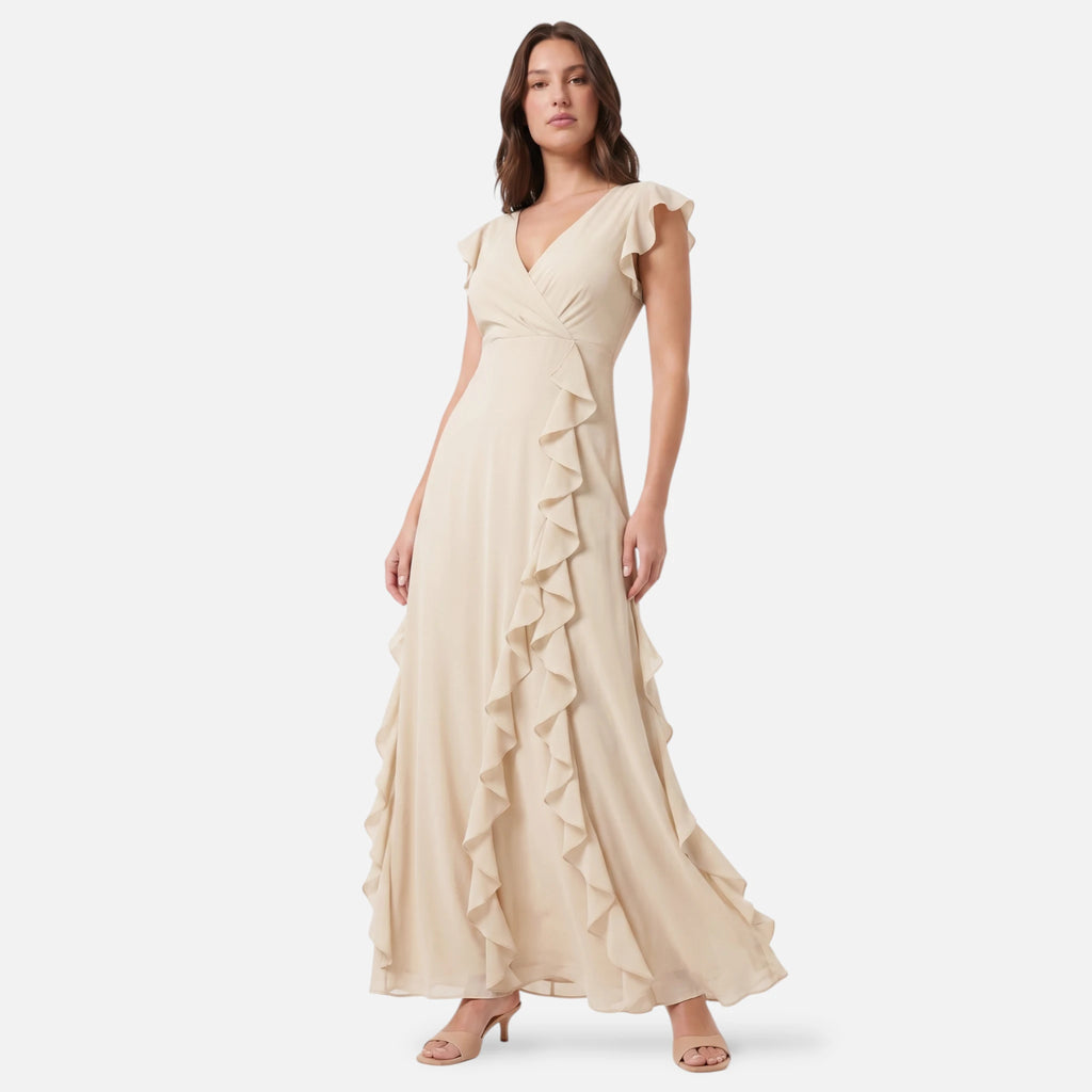 Vellouran | Women's Maxi Dress - Ruffle Trim and V Neckline