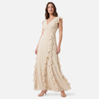 Vellouran | Women's Maxi Dress - Ruffle Trim and V Neckline