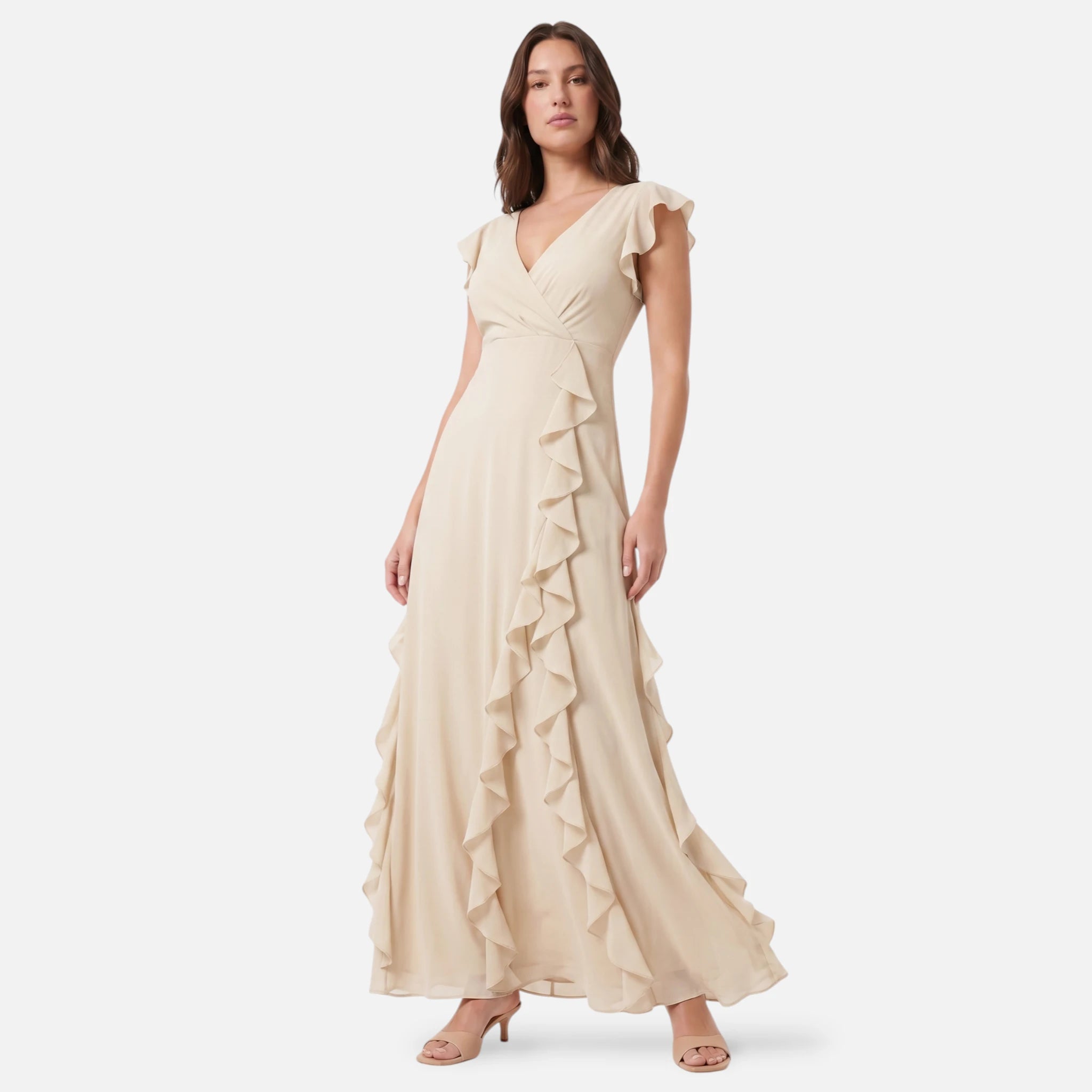 Vellouran | Women's Maxi Dress - Ruffle Trim and V Neckline