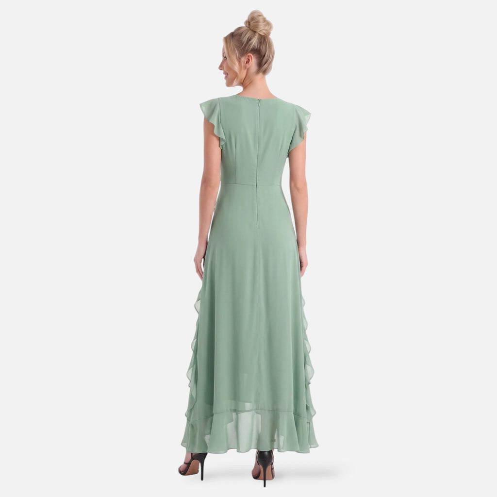 Vellouran | Women's Maxi Dress - Ruffle Trim and V Neckline