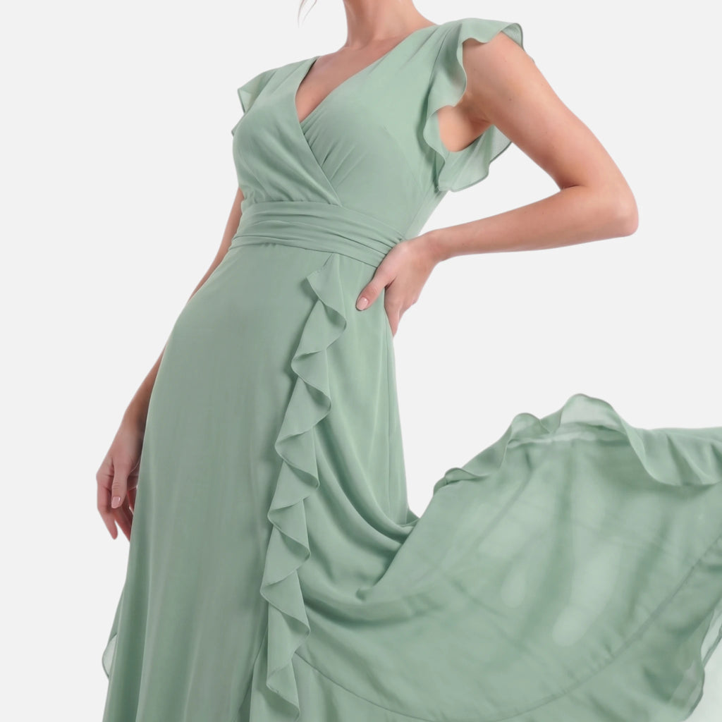 Vellouran | Women's Maxi Dress - Ruffle Trim and V Neckline