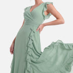 Vellouran | Women's Maxi Dress - Ruffle Trim and V Neckline