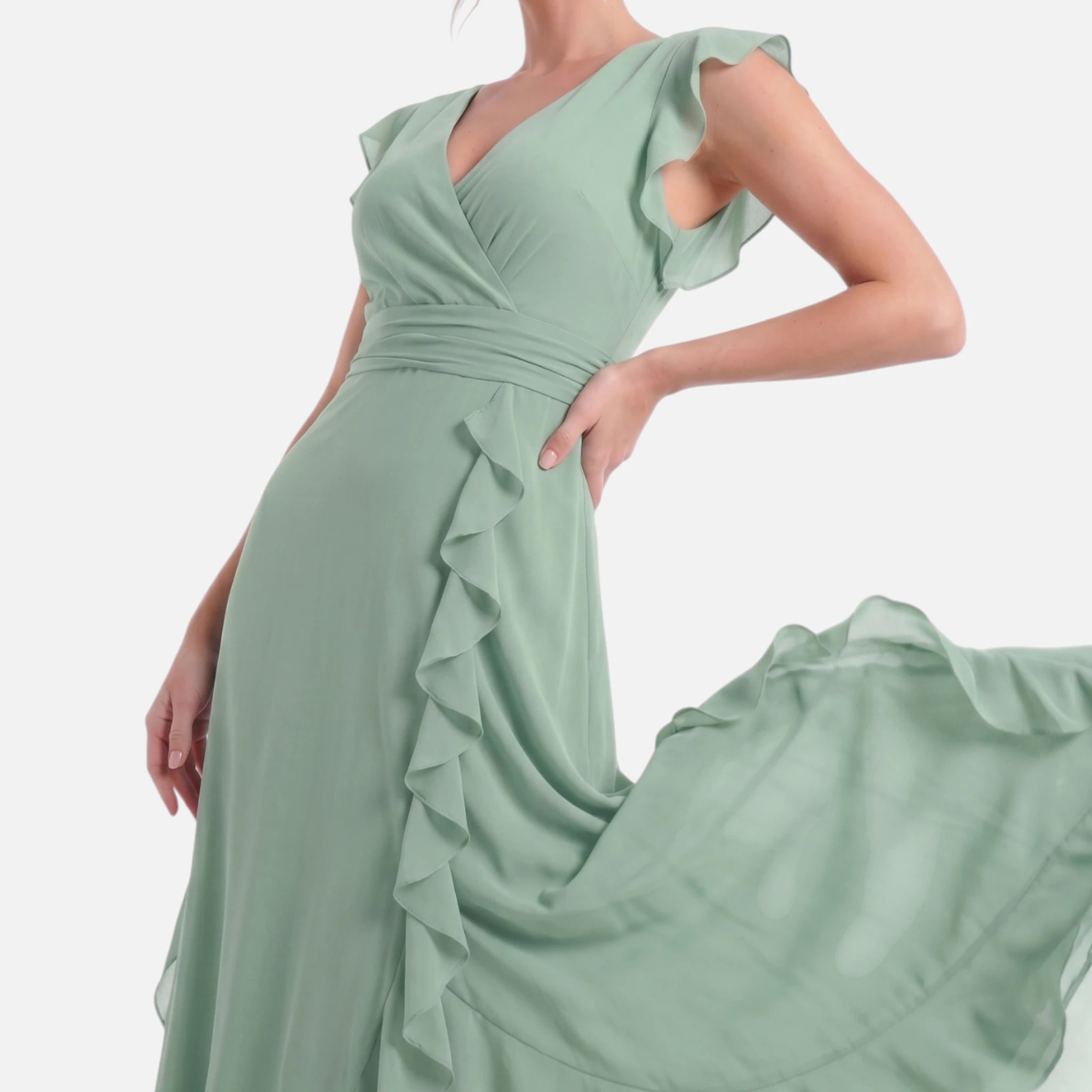 Vellouran | Women's Maxi Dress - Ruffle Trim and V Neckline