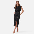 Vellouran | Women’s Structured Sleeveless Midi Dress with Buttonn Details for Elegant Occasions