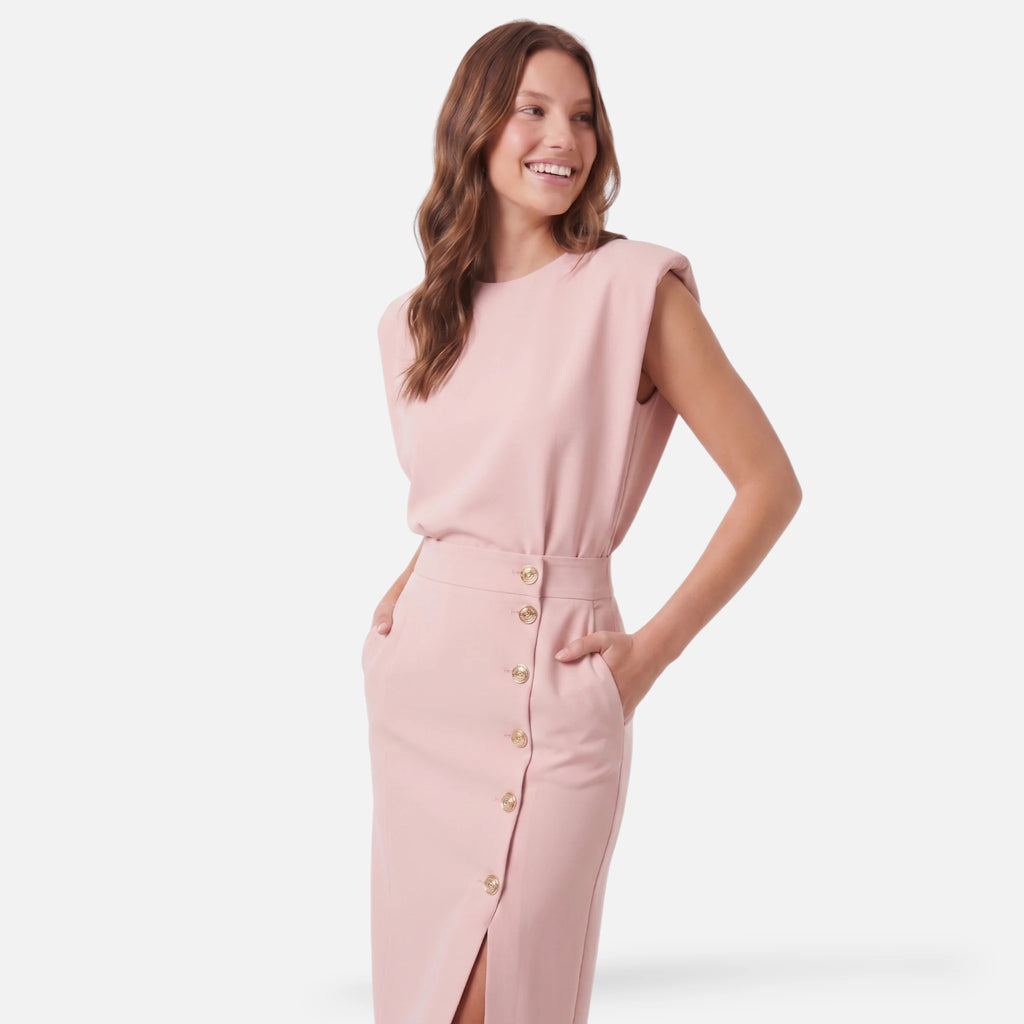 Vellouran | Women’s Structured Sleeveless Midi Dress with Buttonn Details for Elegant Occasions