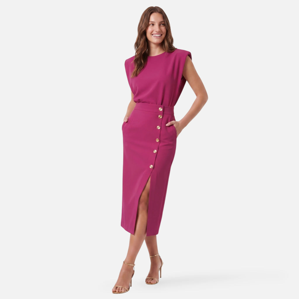 Vellouran | Women’s Structured Sleeveless Midi Dress with Buttonn Details for Elegant Occasions