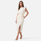 Vellouran | Women’s Structured Sleeveless Midi Dress with Buttonn Details for Elegant Occasions