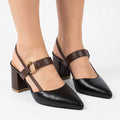 Vellouran | Women’s Pointed Block Heels with Ankle Strap and Gold Ring Detail