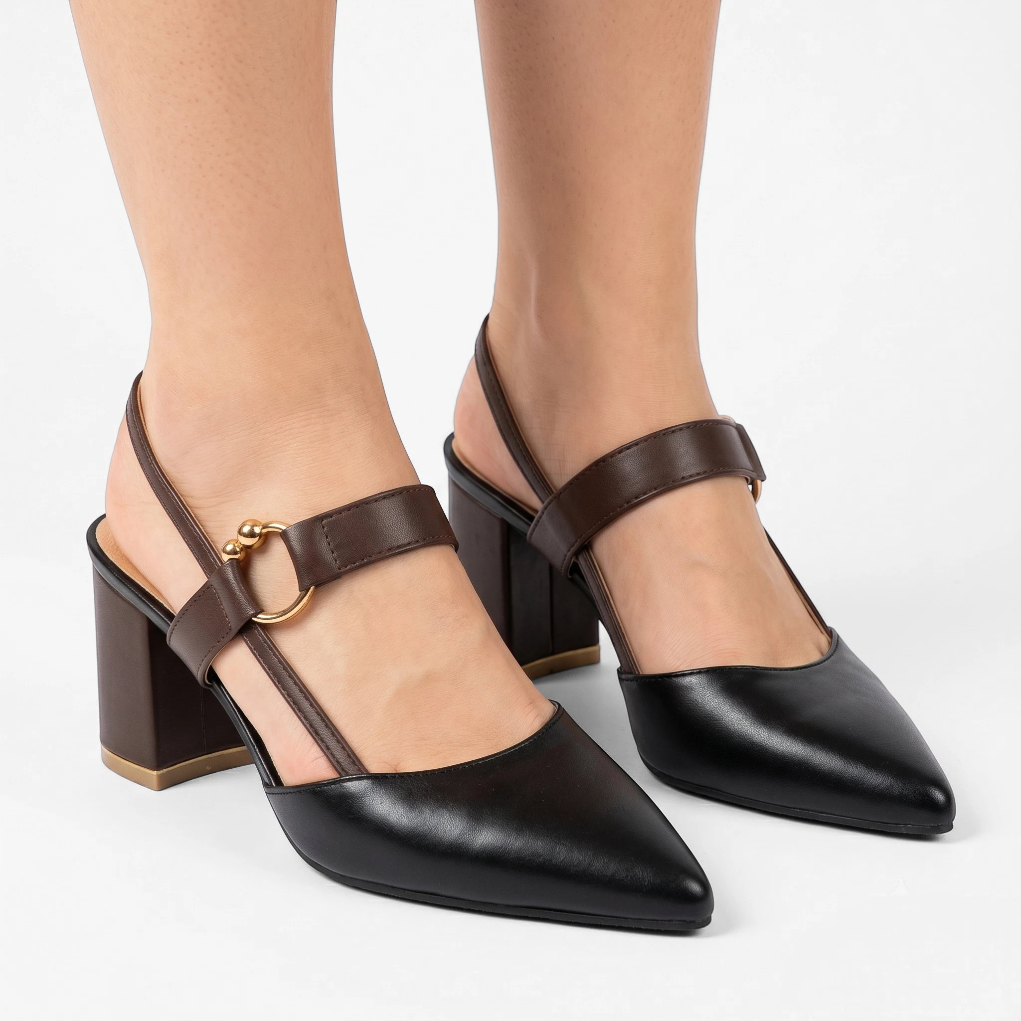 Vellouran | Women’s Pointed Block Heels with Ankle Strap and Gold Ring Detail