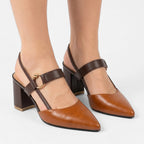 Vellouran | Women’s Pointed Block Heels with Ankle Strap and Gold Ring Detail