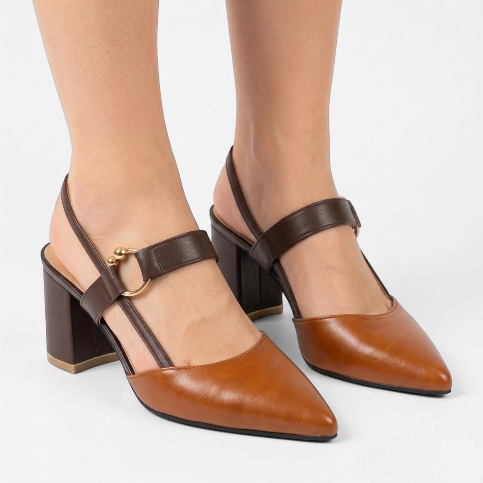 Vellouran | Women’s Pointed Block Heels with Ankle Strap and Gold Ring Detail